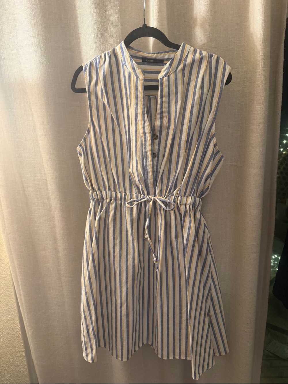 Sleeveless Blue & White Striped Drawstring Dress